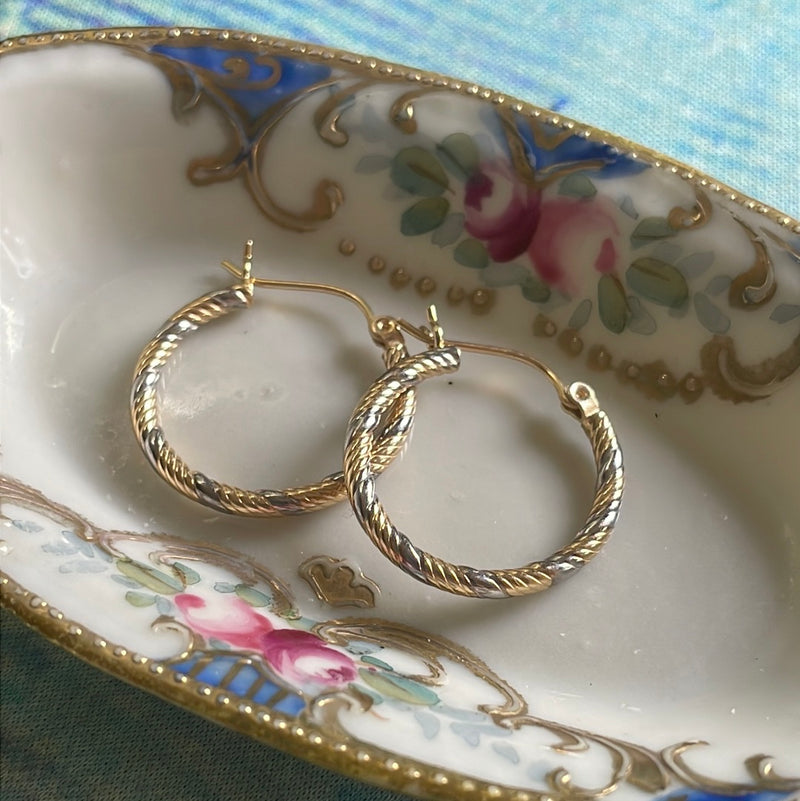 Twisted Hoop Earrings - 14k White and Yellow Gold - Vintage