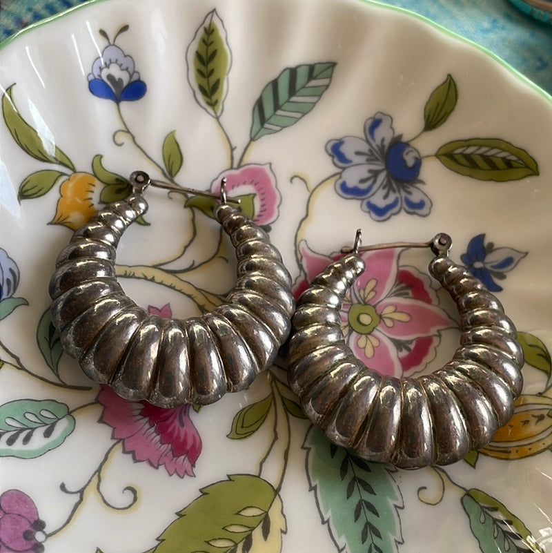 Large Ridged Hoop Earrings - Sterling Silver - Vintage