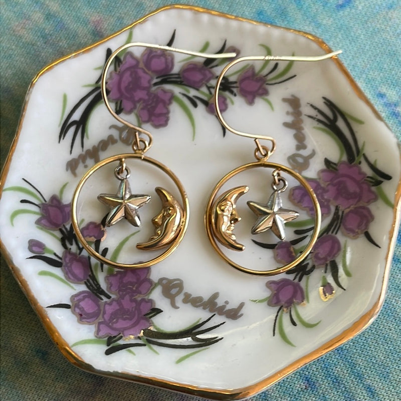 Moon Star Drop Earrings - 14k Gold - Vintage