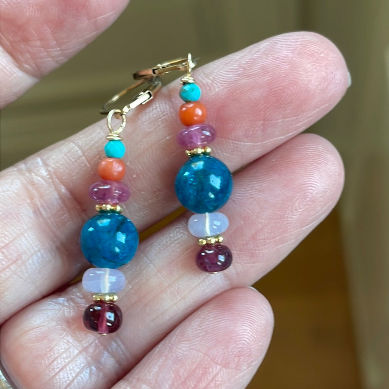Bohemian Drop Earrings - Apatite, Moon Quartz, Garnet, Pink Sapphire, Coral and Turquoise - Gold Filled - Handmade