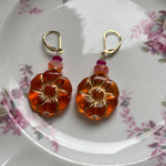 Orange Glass Flower Earrings - Gold Filled - Handmade