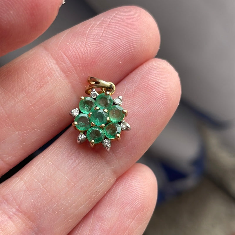 Emerald Diamond Flower Pendant - 14k Gold - As Is