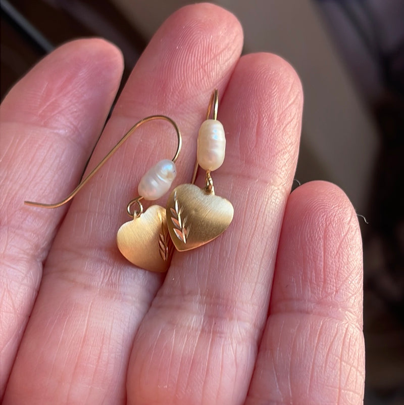 Heart Pearl Earrings - 14k Gold - Vintage