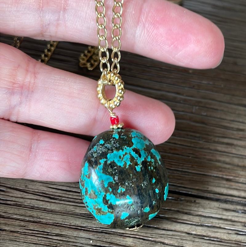 Turquoise Pendant - Red Coral - Gold Filled - Handmade