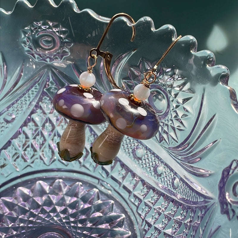 Magical Mushroom Earrings - Opal Glass - Gold Filled - Handmade