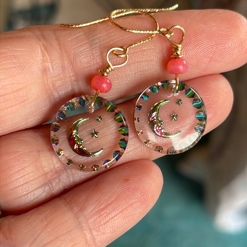 Moon Star Glass Earrings - Gold Filled Findings - Handmade