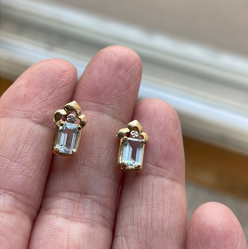 Aquamarine Earrings - Emerald Cut - Diamond - 14k Gold - Vintage