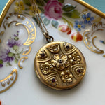 Repousse Flower Locket - Red Paste - Gold Filled - Antique