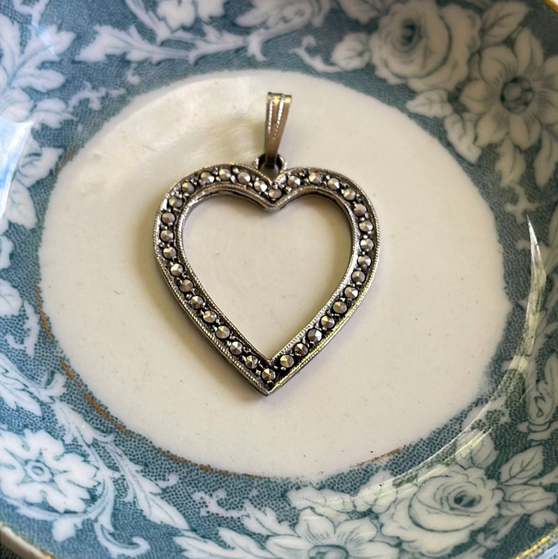 Marcasite Heart Pendant - Sterling Silver - Vintage