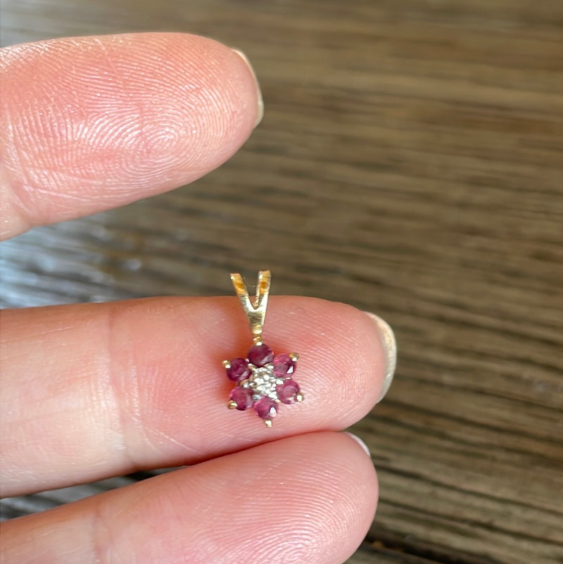 Ruby Diamond Flower Pendant - 10k Gold - Vintage