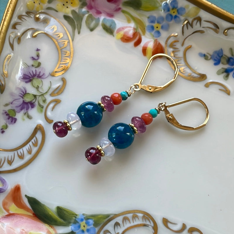 Bohemian Drop Earrings - Apatite, Moon Quartz, Garnet, Pink Sapphire, Coral and Turquoise - Gold Filled - Handmade