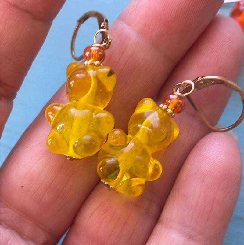 Glass Gummy Bear Earrings - Gold Filled - Handmade