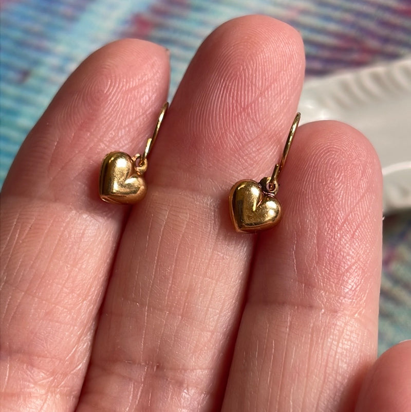 Tiny Puffy Heart Earrings - 14k Gold - Vintage