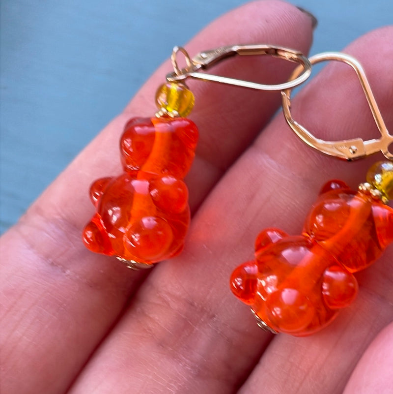 Glass Gummy Bear Earrings - Gold Filled - Handmade