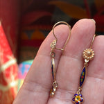 Enamel Flower Drop Earrings - 14k Gold - Vintage