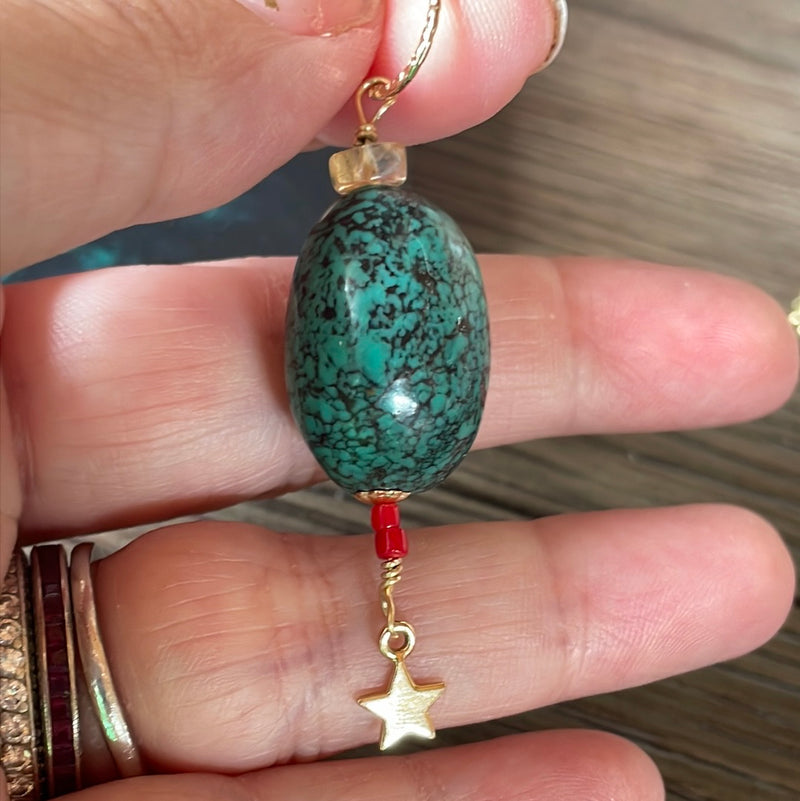 Turquoise Pendant - Citrine and Red Coral - Star Drop - Gold Filled - Handmade