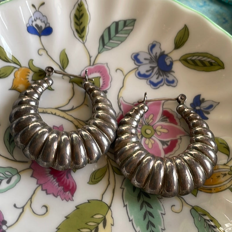 Large Ridged Hoop Earrings - Sterling Silver - Vintage
