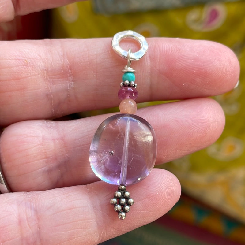 Ametrine Pendant - Peach Moonstone, Ruby and Turquoise- Sterling Silver - Handmade