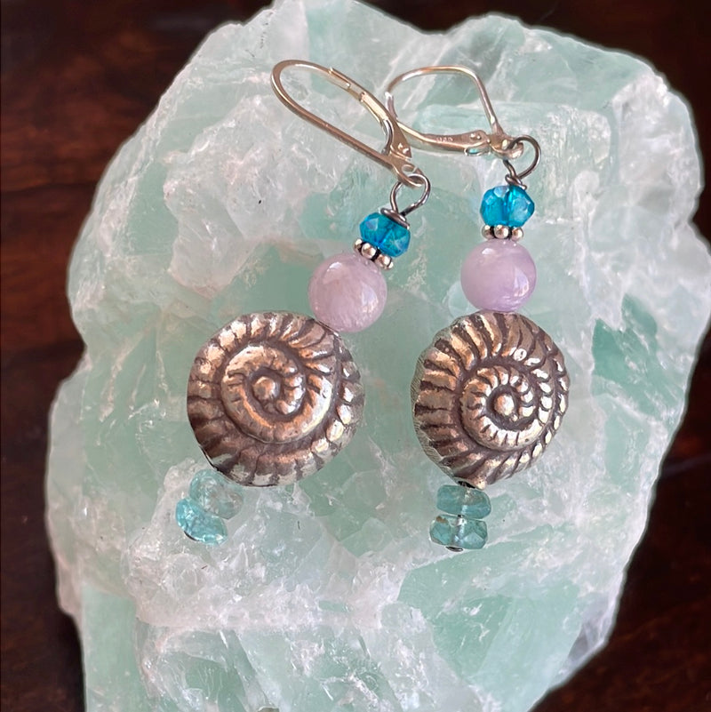 Sea Shell Earrings - Lavender Jade and Apatite - Sterling Silver - Vintage