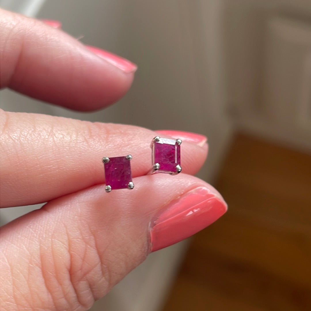 Ruby Earrings Emerald Cut 14k White Gold Vintage
