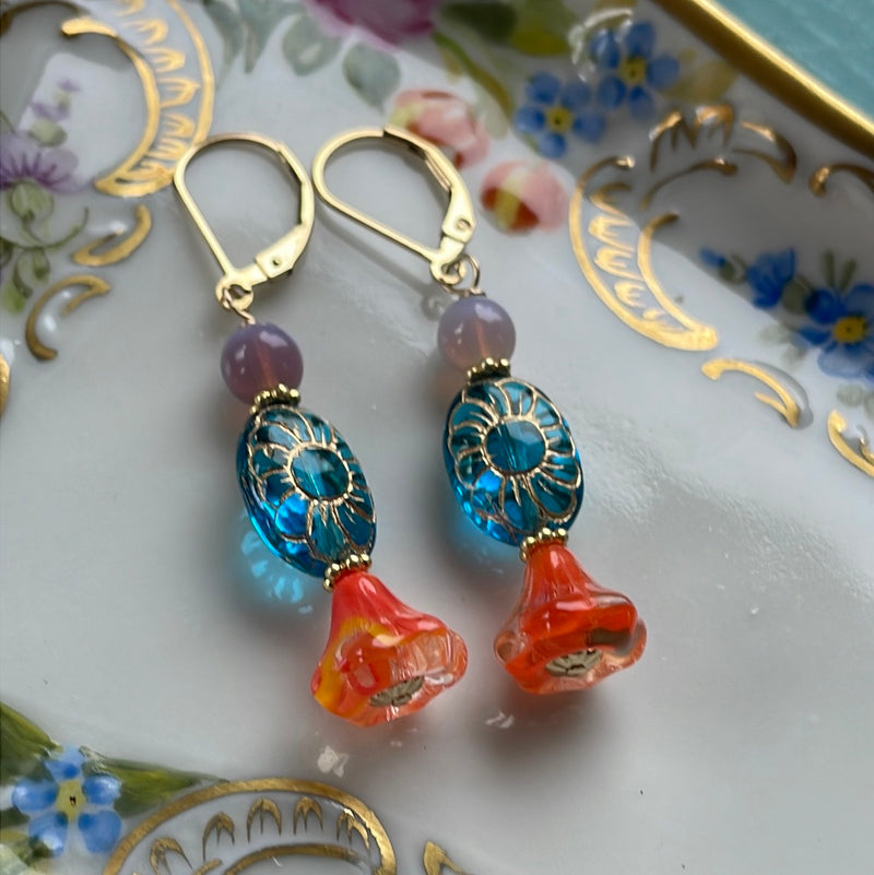 Aqua Glass Flower Earrings - Gold Filled - Handmade