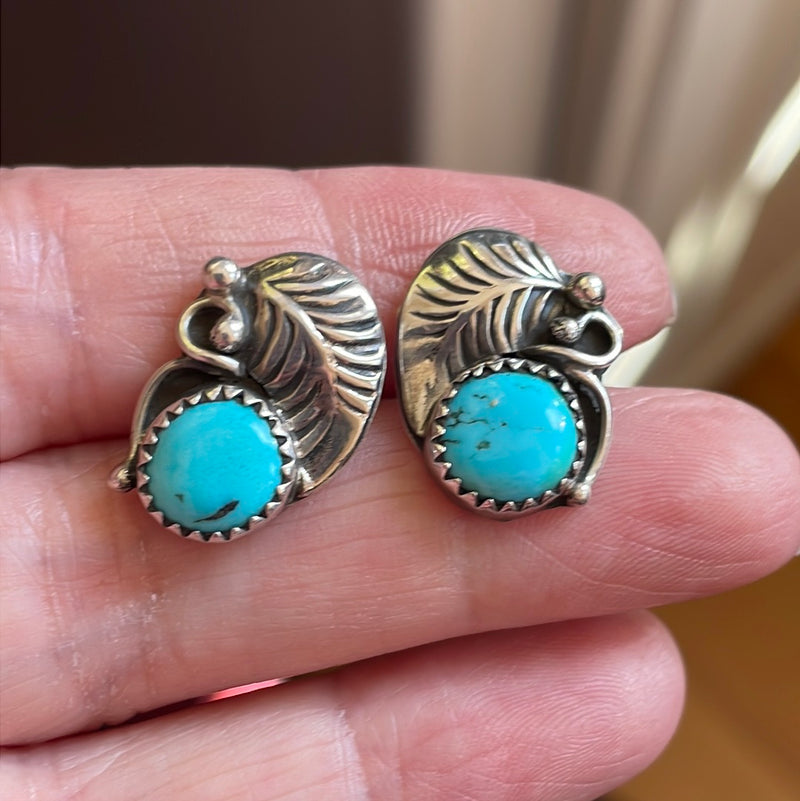 Turquoise Leaf Earrings - Sterling Silver - Vintage