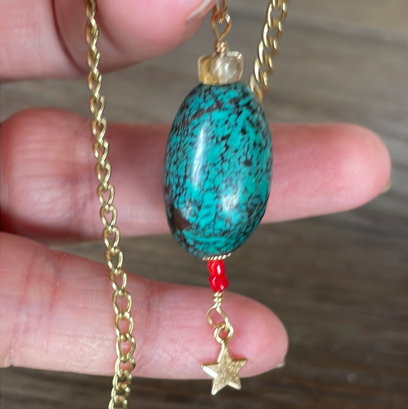 Turquoise Pendant - Citrine and Red Coral - Star Drop - Gold Filled - Handmade