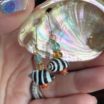 Stripey Shell Earrings - Vintage Coral, Apatite and Citrine - Gold Filled - Handmade
