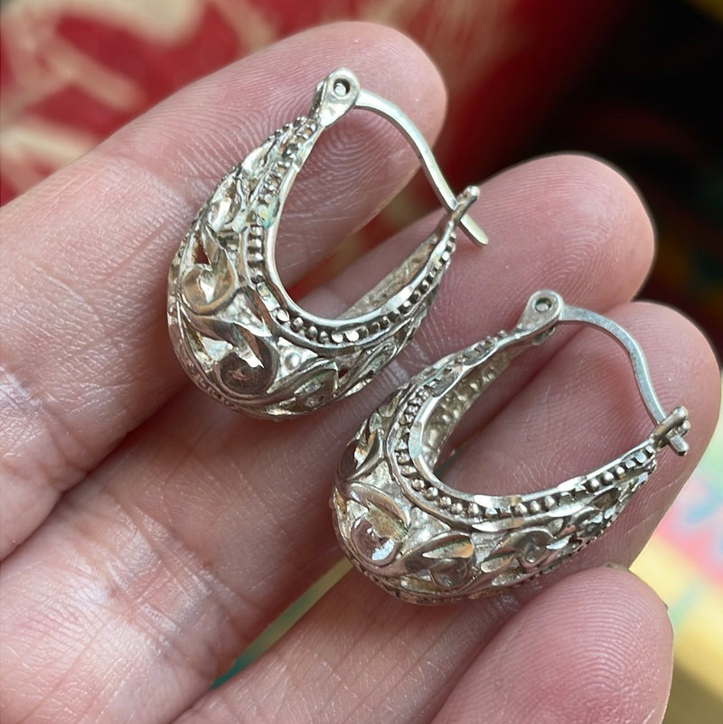 Ornate Hoop Earrings - Filigree - Sterling Silver Hoops - Vintage