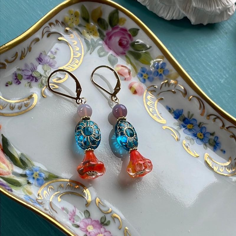 Aqua Glass Flower Earrings - Gold Filled - Handmade