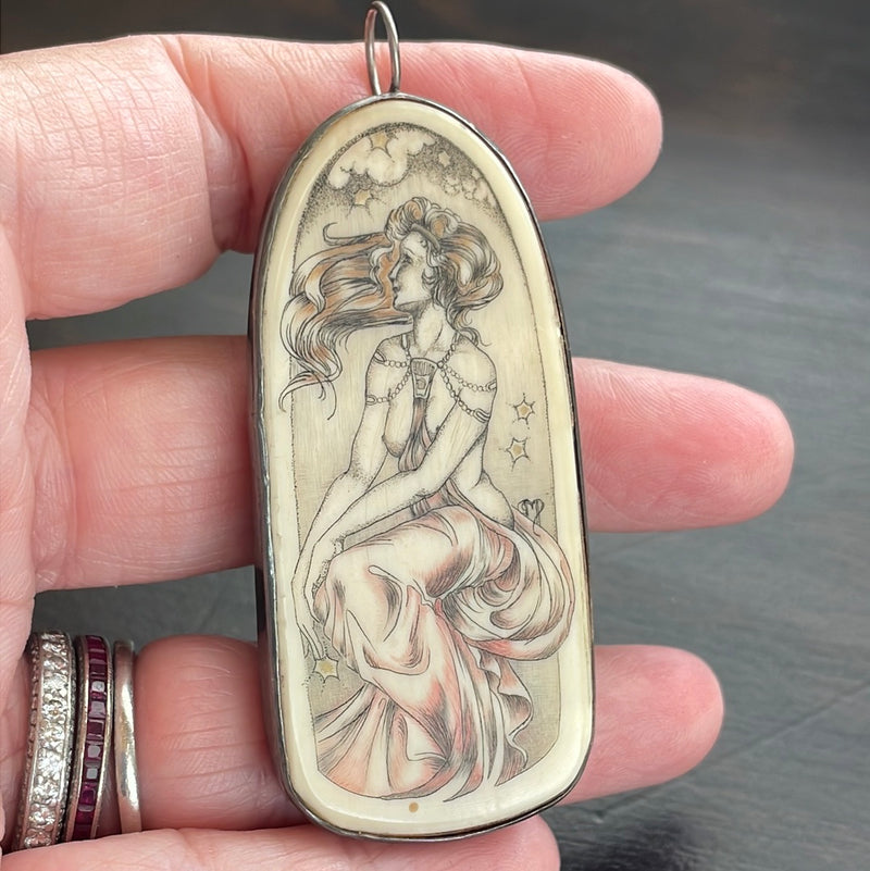 Moon Goddess Necklace - Scrimshaw - Sterling Silver - Vintage