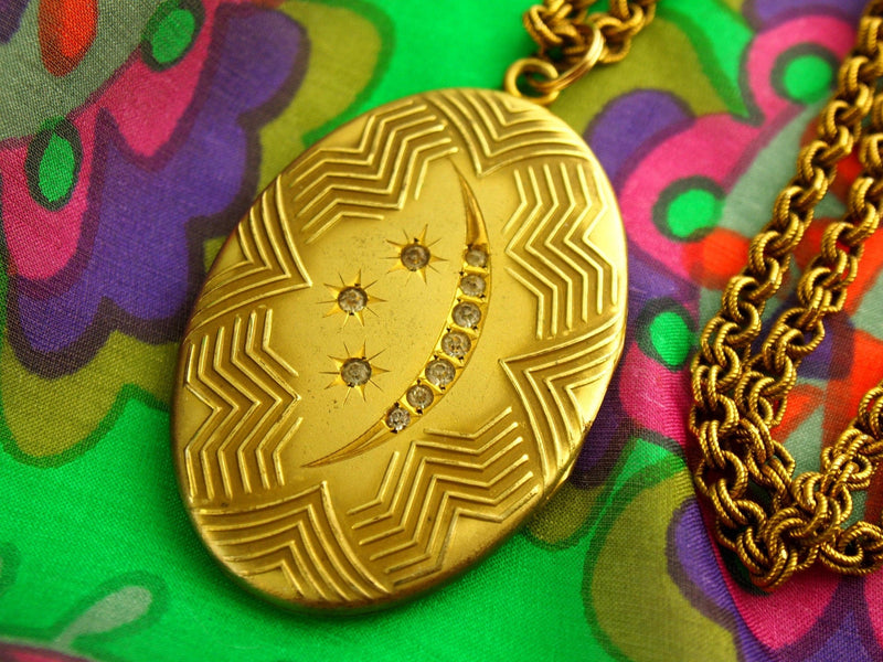 Huge Moon Star Locket Necklace - Art Nouveau Locket - Paste Locket - Rhinestone Locket - Gold Filled Locket - SOB & Co - Wedding Locket