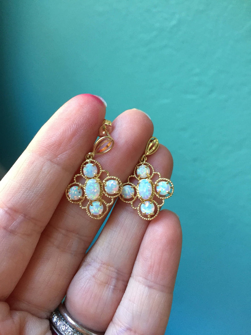 Opal Flower Earrings - 14K Gold - Diamond - Wedding Jewelry - Vintage