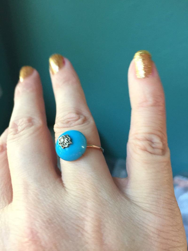 Turquoise Enamel Ring - Diamond - 9K Gold - Stickpin Conversion Ring - Wedding Jewelry - Vintage