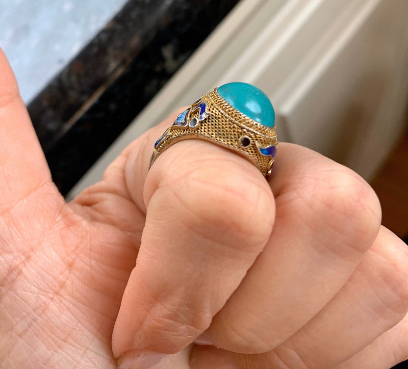 Turquoise Ring - Enamel Vermeil - Chinese Import - Sterling Silver - Vintage