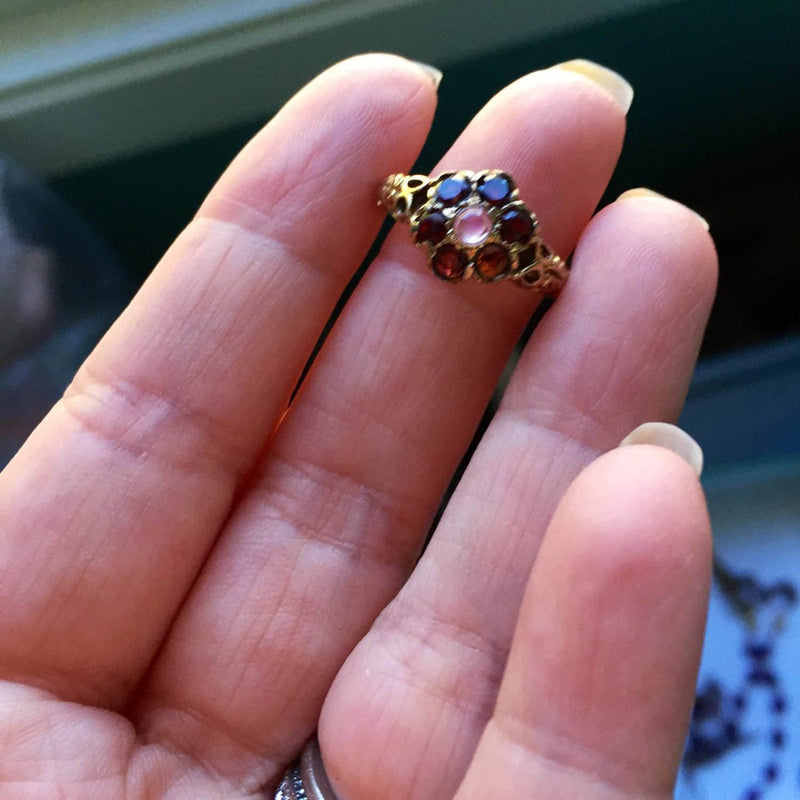 Garnet Moonstone Flower Ring - 15k Gold - Vintage