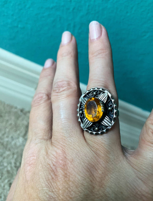 Ornate Citrine Paste Ring - Sterling Silver - Vintage