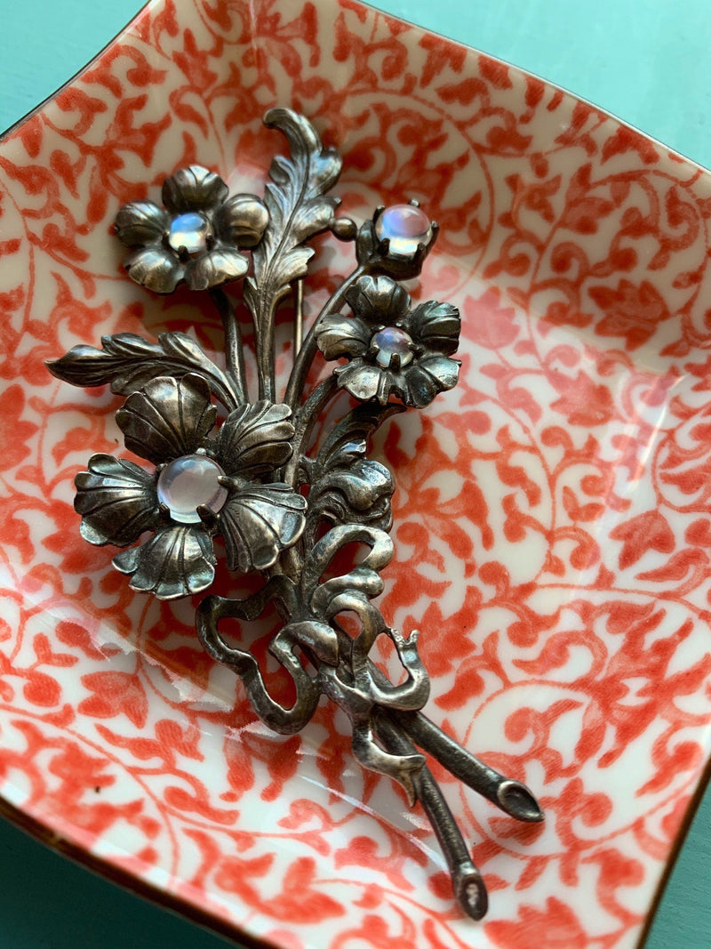 Moonstone Flower Brooch - Cini - Sterling Silver - Vintage
