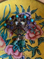 Enamel Bird Fan Brooch - Chinese Silver - Turquoise - Sterling Brooch - Vintage Jewelry