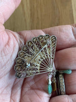 Enamel Bird Fan Brooch - Chinese Silver - Turquoise - Sterling Brooch - Vintage Jewelry