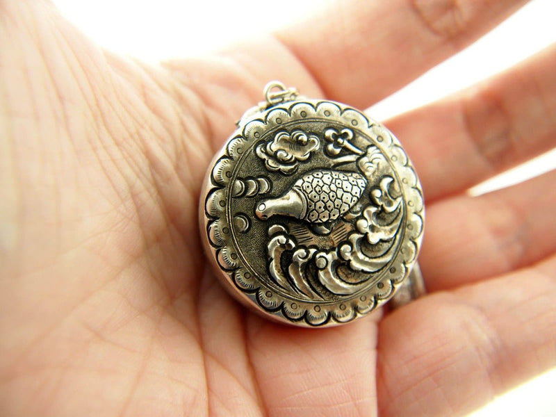 Dragon Locket - Turtle Locket - Sterling Silver - Repousse - Vintage