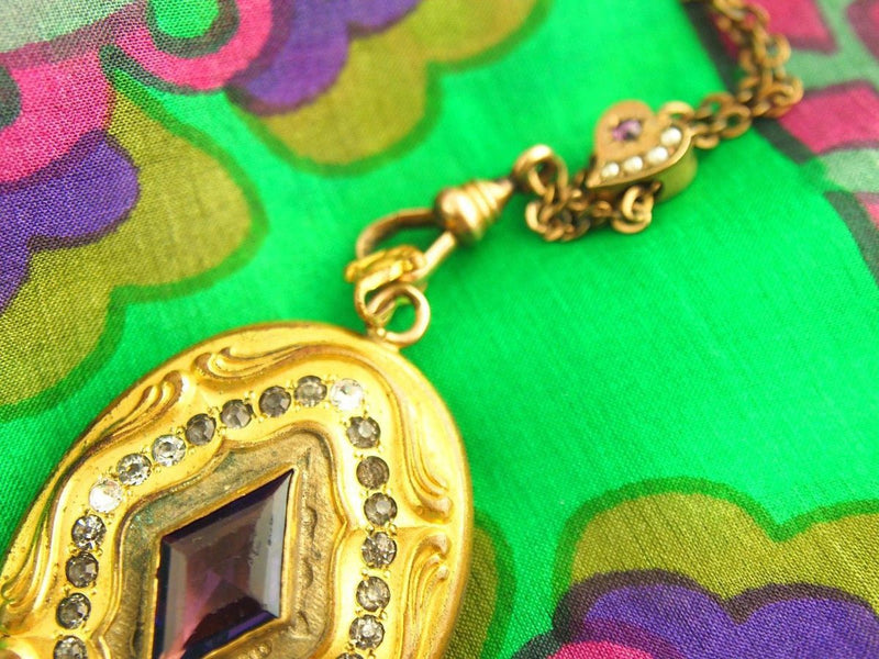 Amethyst Glass Locket Necklace - Art Nouveau Locket - Paste Locket - Rhinestone Locket - W& SB - Gold Filled Locket - Wedding Locket