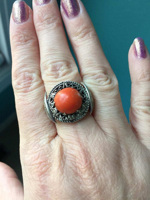 Coral Ring - Engraved Sterling  Silver - Vintage