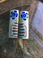 Enamel Flower Earrings - Sterling Silver - Vintage