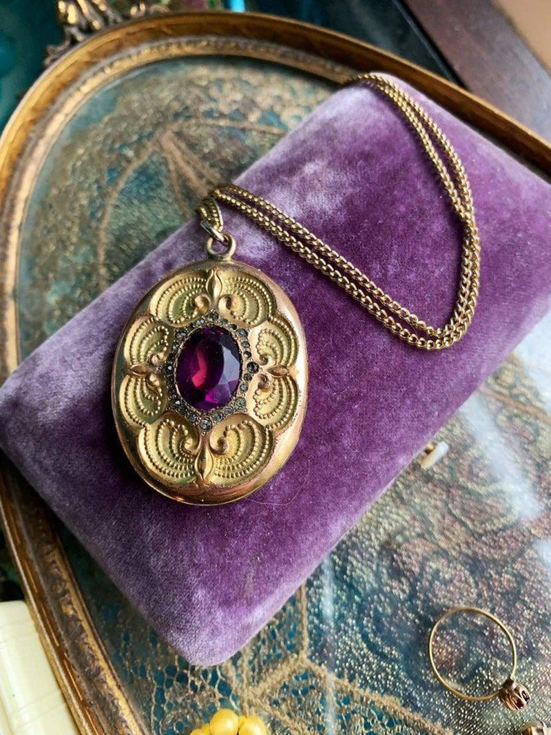 Antique Purple Paste Locket Necklace - Art Nouveau Locket - Paste Locket - Rhinestone Locket - Gold Filled Locket - Wedding Locket