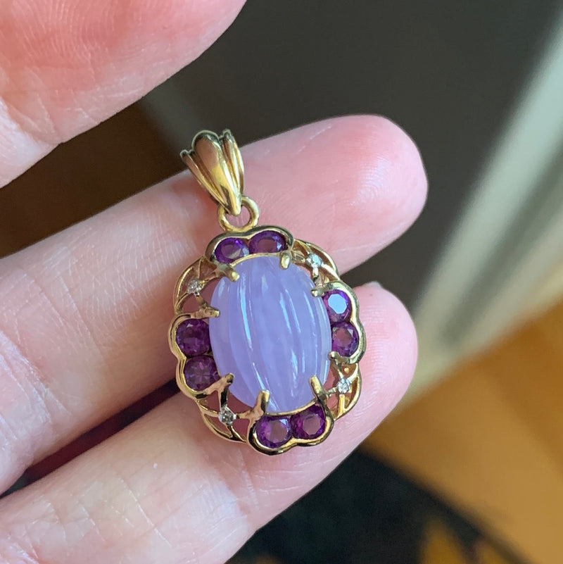 Carved Lavender Jade, Amethyst and Diamond Pendant 10k Gold Vintage