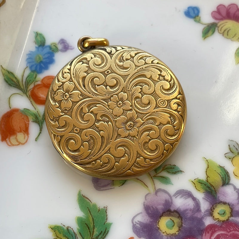 Engraved Flower Locket - Gold Filled - Antique locket