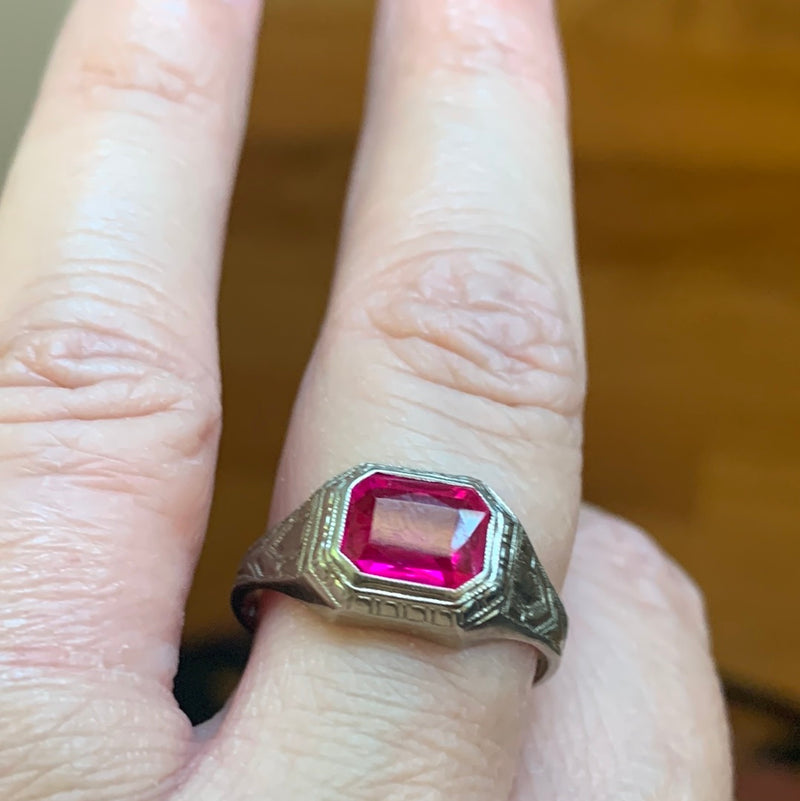 Simulated Ruby Ring - 10k White Gold - Vintage