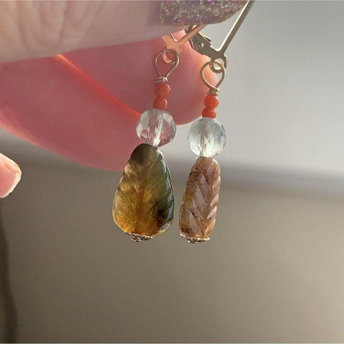 Carved Agate Leaf Earrings - Fluorite and Coral - Gold Filled - Handmade
