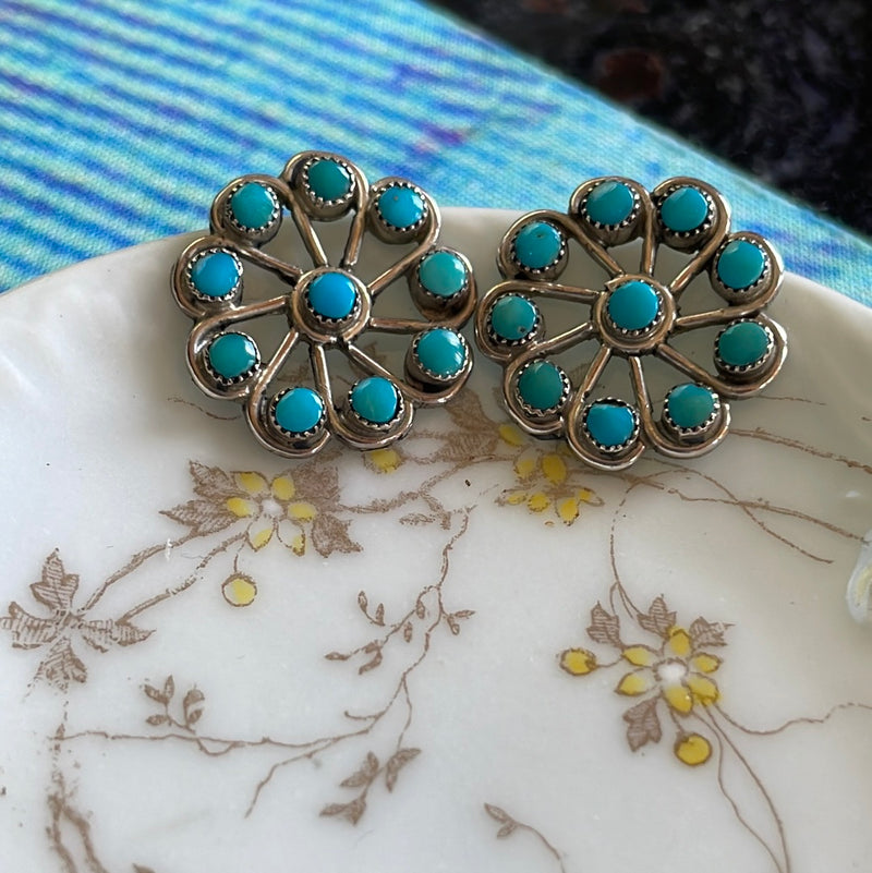 Turquoise Petit Point Earrings - Sterling Silver - Vintage